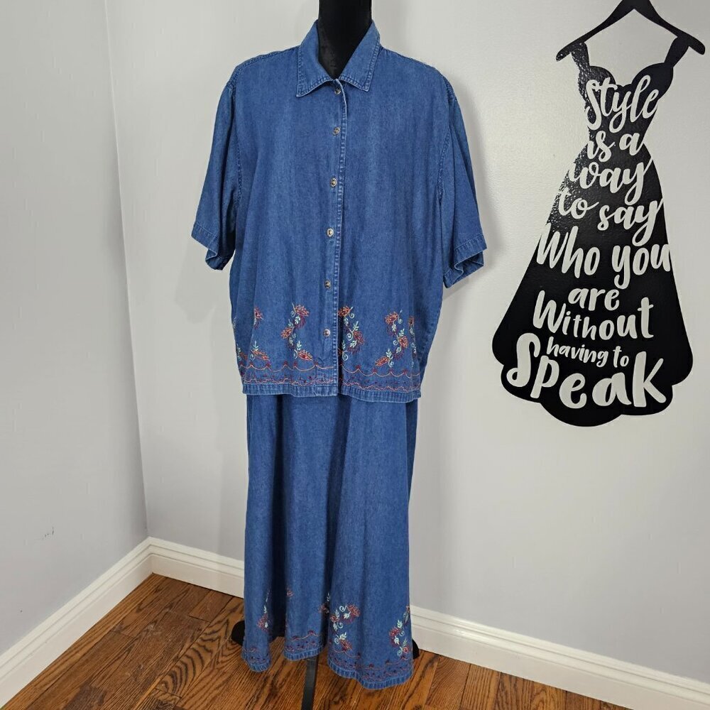 Sarin New York Vintage Boho Embroidered Top And Sleeveless Maxi Jean Dress Set
